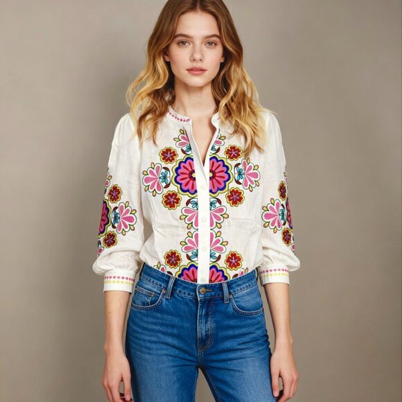 NWOT Boden Embroidered Floral White Linen Top Shirt Blouse Sz 10 - Picture 2 of 16